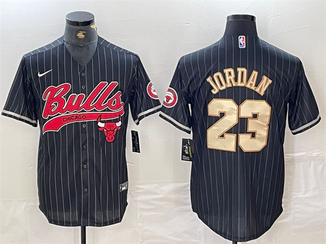 Men's Chicago Bulls #23 Michael Jordan Black/Gold Cool Base Stitched Baseball Jersey